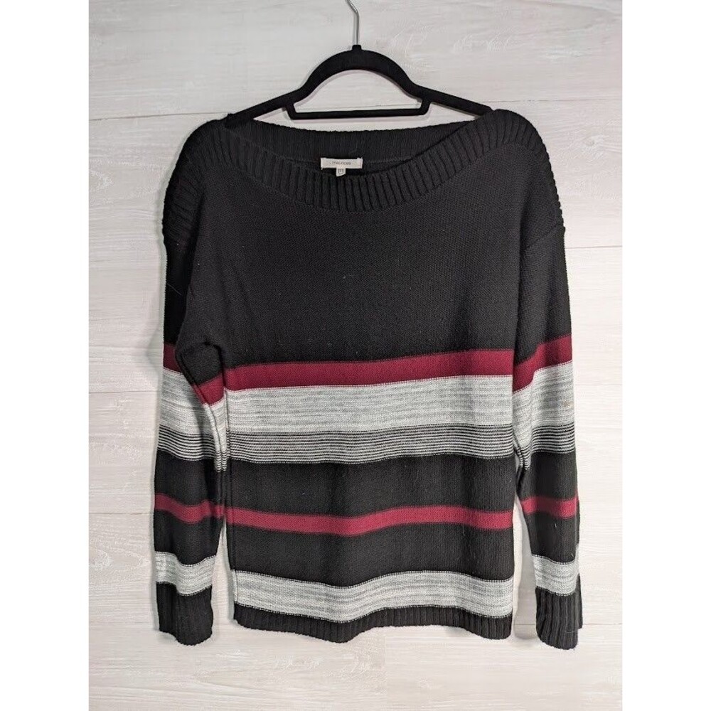 Maurices SWEATER Womens XS Black Gray Burgundy Striped Boat Neck Soft Knit COZY